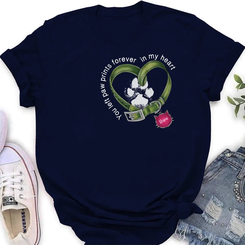 Personalized Cat Collar Pawprints T-shirt/Hoodie - Memorial Gift Idea For Cat Lover/Mother's Day/Father's Day - You Left Paw Prints Forever In My Heart