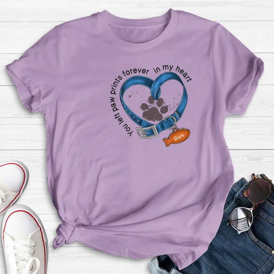 Personalized Memorial Paw Prints Cat Collar T-shirt/Hoodie - Gift Idea For Cat Lover/Mother's Day/Father's Day - You Left Paw Prints Forever In My Heart