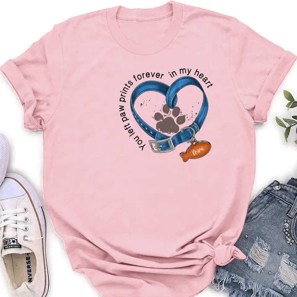 Personalized Memorial Paw Prints Cat Collar T-shirt/Hoodie - Gift Idea For Cat Lover/Mother's Day/Father's Day - You Left Paw Prints Forever In My Heart