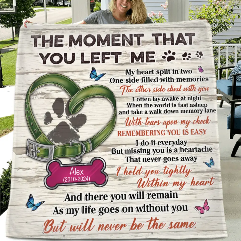 Personalized Memorial Pet Pawprint Fleece Throw/Quilt Blanket - Memorial Gift Idea For Dog/Cat Lover - The Moment That You Left Me