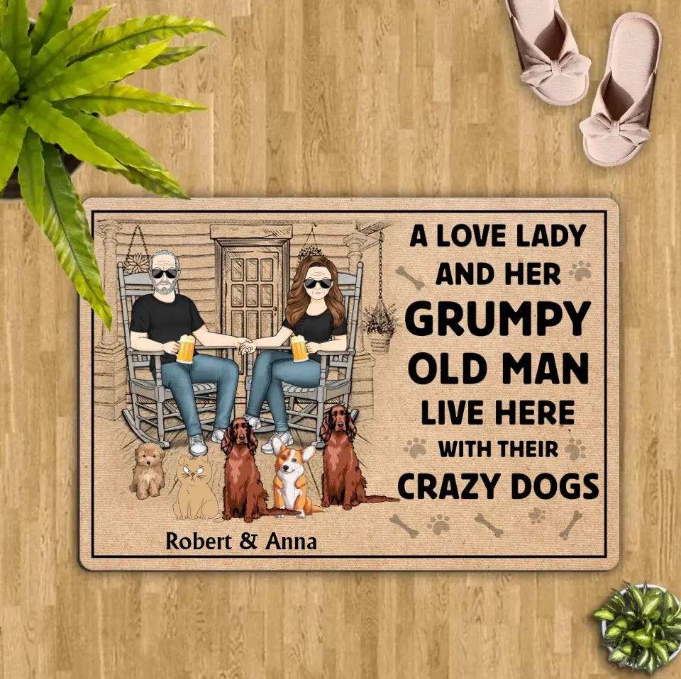 Personalized Couple With Pets Doormat - Gift Idea For Mother's Day/Father's Day - Up to 5 Pets - A Lovely Lady And Her Grumpy Old Man Live Here With Their Crazy Dogs