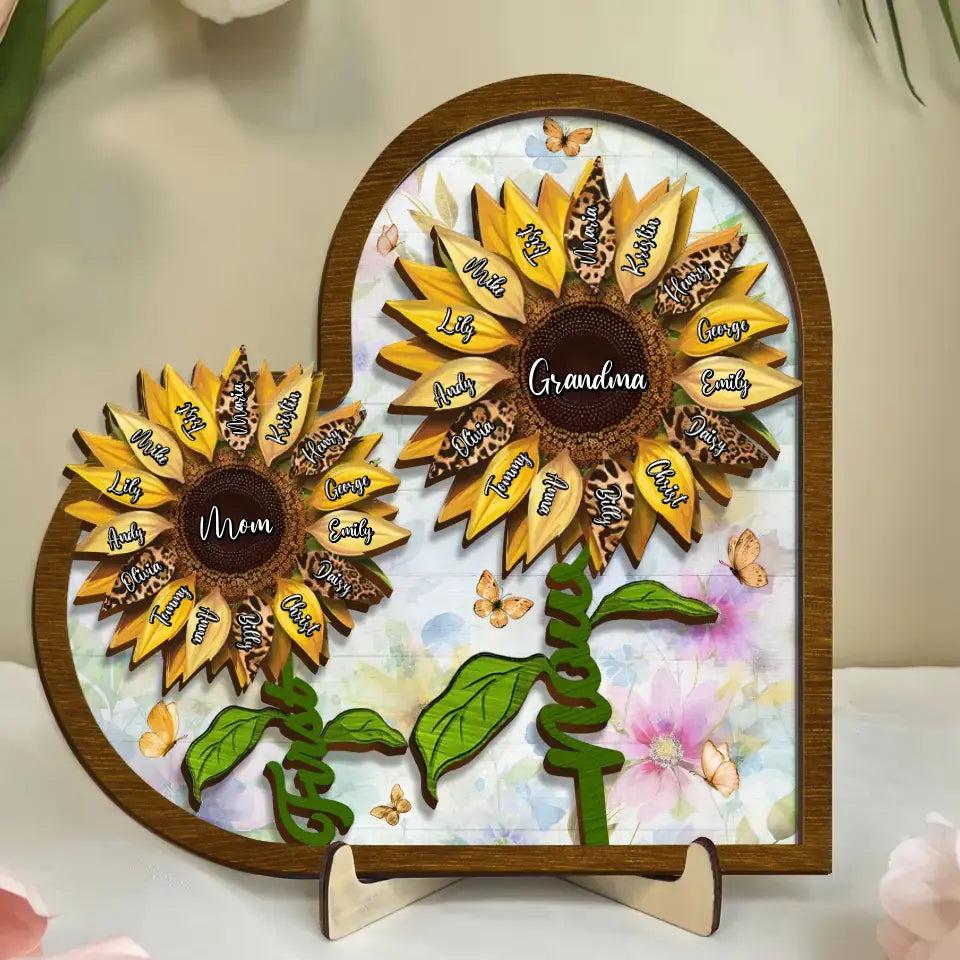 Personalized First Mom Now Grandma Sunflower 2 Layered Wooden Art - Up to 15 Kids And 15 Grandkids - Mother's Day Gift Idea For Grandma/Mom