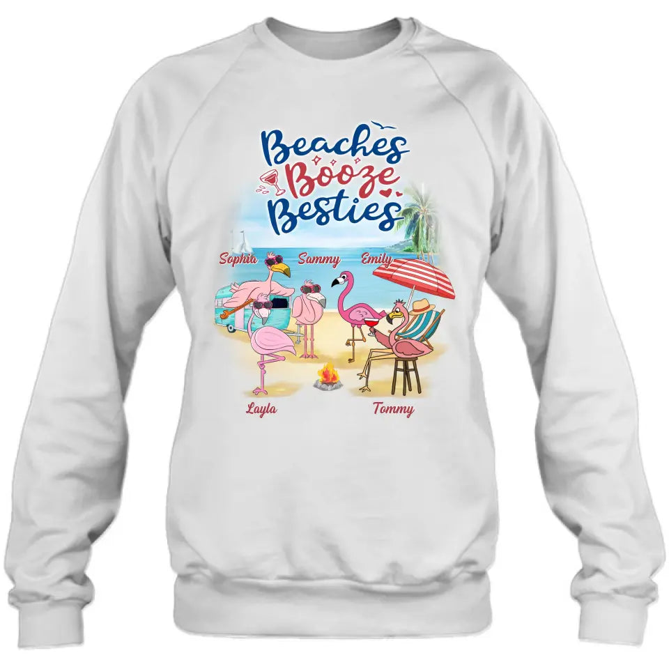 Personalized Beach Besties Shirt/Hoodie - Gift Idea For Besties/Friends/Beach Lovers - Up to 5 Flamingos  - Beaches Booze Besties