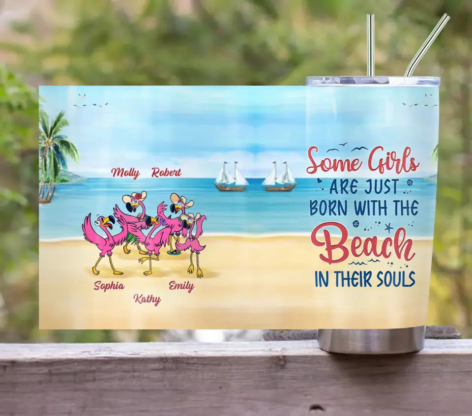 Personalized Beach Besties Tumbler - Gift Idea For Besties/Friends/Beach Lovers - Up to 5 Flamingos - Beach In Their Souls