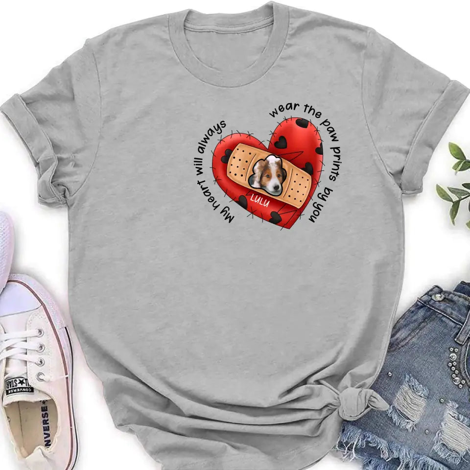 Personalized Memorial Shirt/Hoodie - Upload Dog Photo - Memorial Gift Idea For Dog Owner - My Heart Will Always Wear The Paw Prints By You