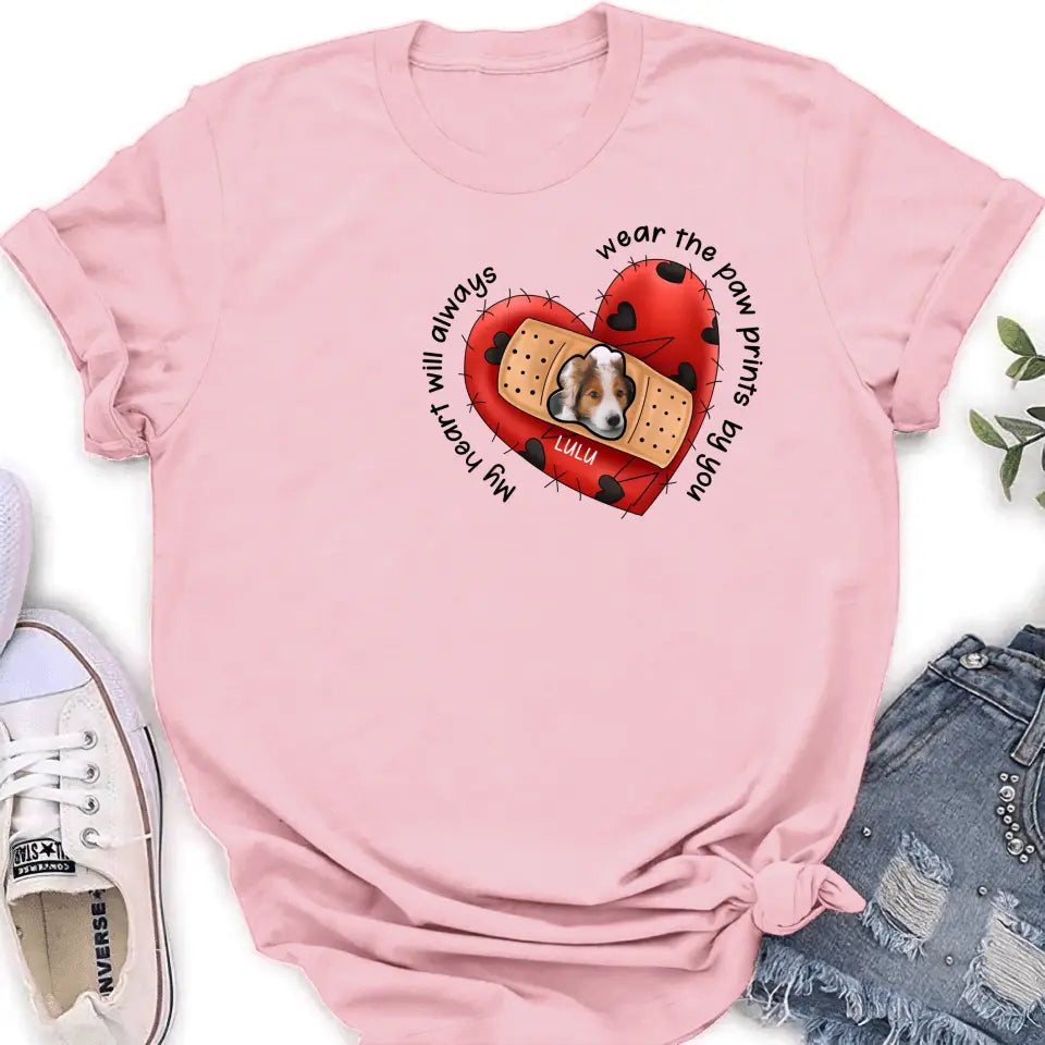 Personalized Memorial Shirt/Hoodie - Upload Dog Photo - Memorial Gift Idea For Dog Owner - My Heart Will Always Wear The Paw Prints By You