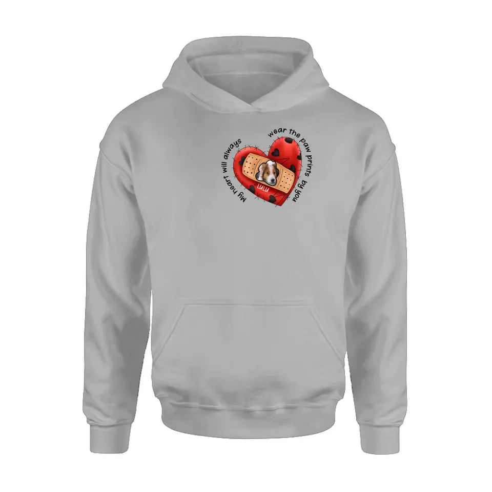 Personalized Memorial Shirt/Hoodie - Upload Dog Photo - Memorial Gift Idea For Dog Owner - My Heart Will Always Wear The Paw Prints By You