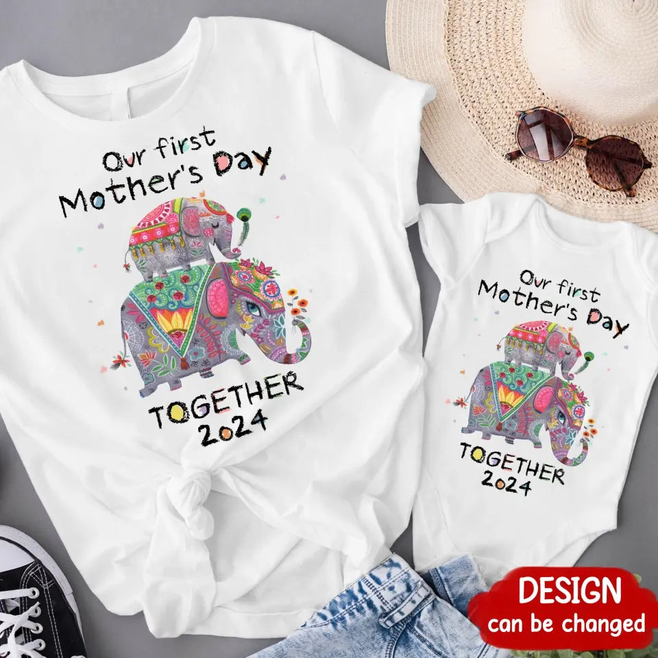 Personalized First Mother's Day Together Elephant Shirt/Baby Onesie - Gift Idea For Mom/Baby/Mother's Day