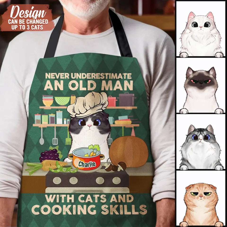 Personalized Cat Mom/Cat Dad Fashion Home Pocketless Apron - Up to 3 Cats - Gift Idea for Cat Lovers/Cooking Lover - Never Underestimate An Old Man With Cats And Cooking Skills