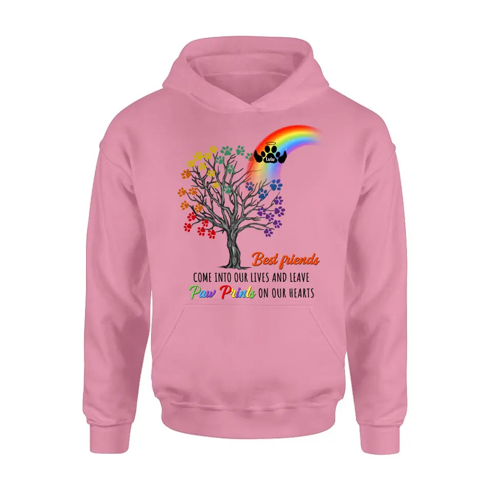 Personalized Rainbow Bridge Memorial Shirt/Hoodie - Memorial Gift Idea For Dog Lover - Up to 4 Dogs - Best Friends Come Into Our Lives And Leave Paw Prints On Our Hearts