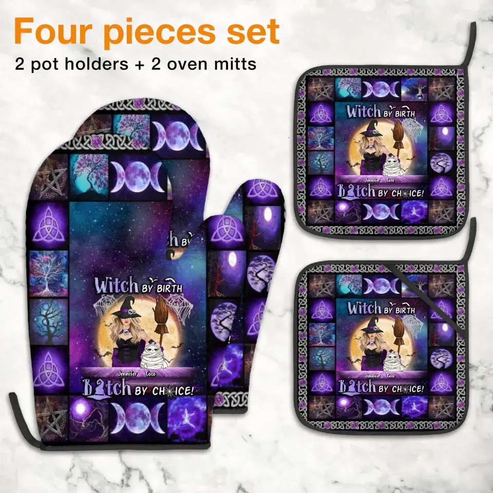 Personalized Witch Heat Resistant Oven Mitts With Pot Holders - Up to 4 Cats/Dogs - Gift Idea for Mother's Day/Dog/Cat Lovers - Witch By Birth