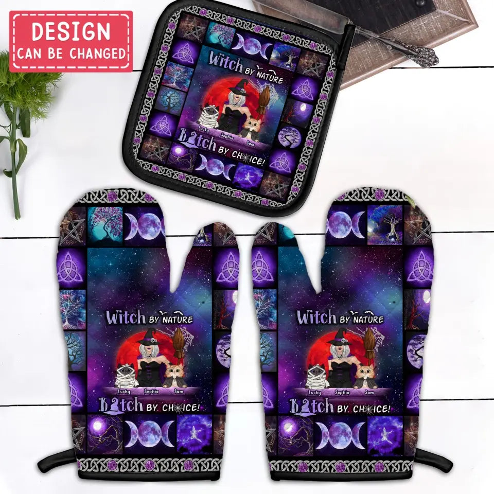 Personalized Witch Heat Resistant Oven Mitts With Pot Holders - Up to 4 Cats/Dogs - Gift Idea for Mother's Day/Dog/Cat Lovers - Witch By Birth