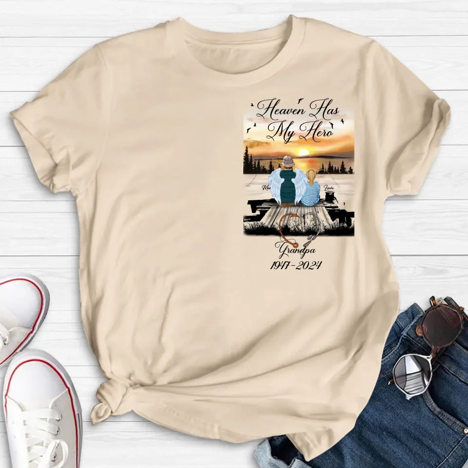 Personalized Memorial Fishing Grandpa Shirt/Hoodie - Memorial Gift Idea For Dad/Grandpa/Father's Day - Heaven Has My Hero