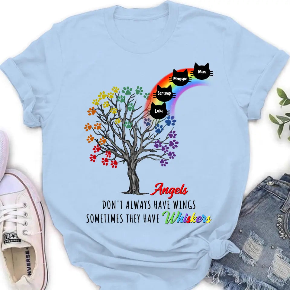 Personalized Cat Rainbow Bridge Memorial Shirt/Hoodie - Memorial Gift Idea For Cat Lover - Up to 4 Cats - Angels Don't Always Have Wings Sometimes They Have Whiskers
