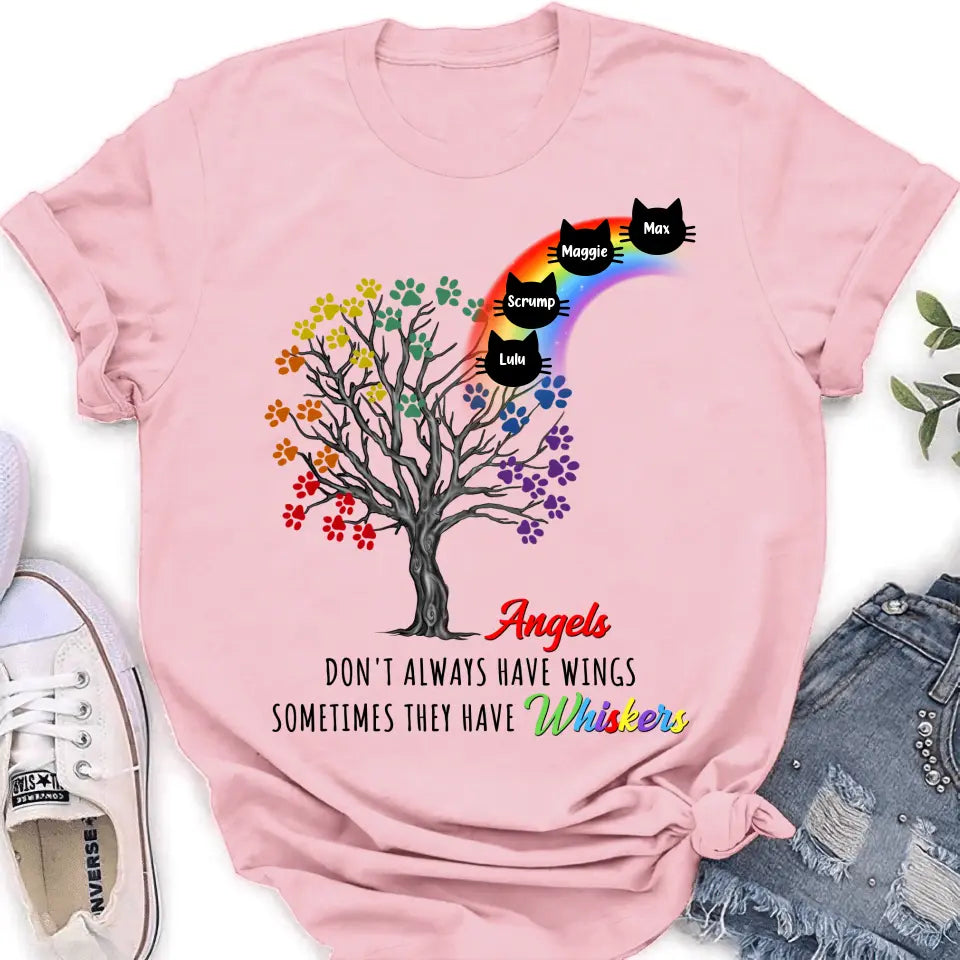 Personalized Cat Rainbow Bridge Memorial Shirt/Hoodie - Memorial Gift Idea For Cat Lover - Up to 4 Cats - Angels Don't Always Have Wings Sometimes They Have Whiskers