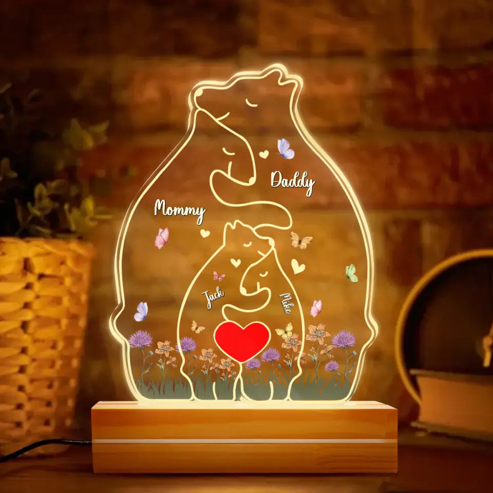 Personalized Bear Family Acrylic Night Light - Up to 5 People - Mother's Day/Father's Day Gift Idea for Family/Dad/Mom