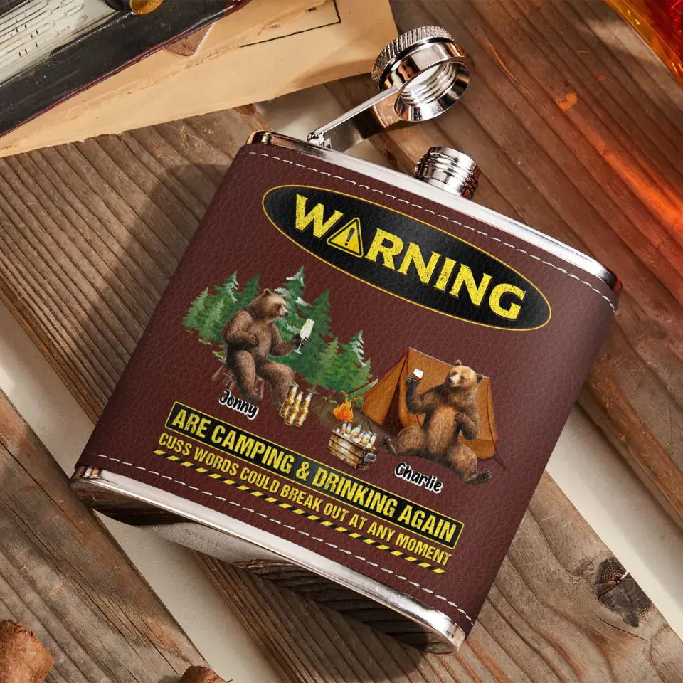 Personalized Camping Leather Flask - Up to 6 Bears - Father's Day Gift Idea for Camping Lovers - Warning Are Camping & Drinking Again