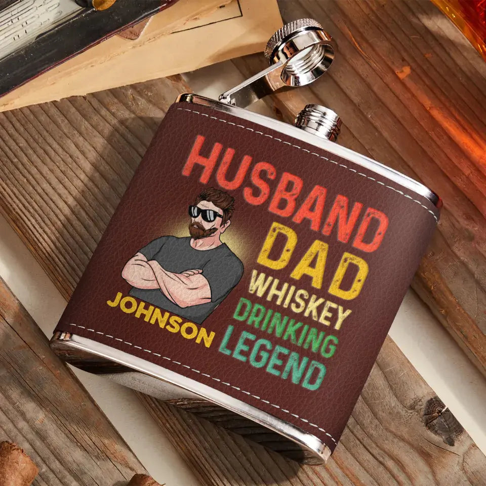 Personalized Dad Leather Flask - Father's Day Gift Idea For Dad - Husband Dad Whiskey Drinking Legend
