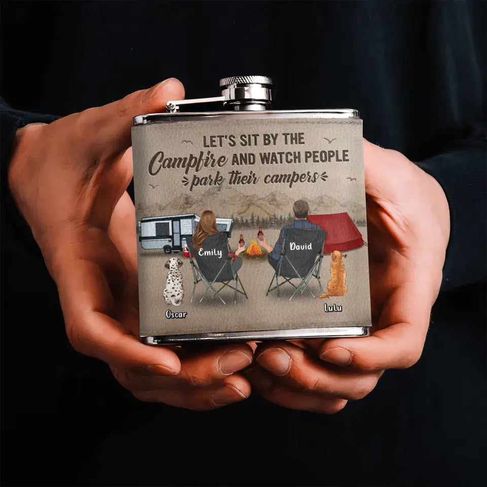 Personalized Camping Leather Flask - Gift Idea For Camping Lover/Couple/Family - Couple/Parents With Up to 3 Kids And 2 Pets - Let's Sit By The Campfire And Watch People Park Their Campers
