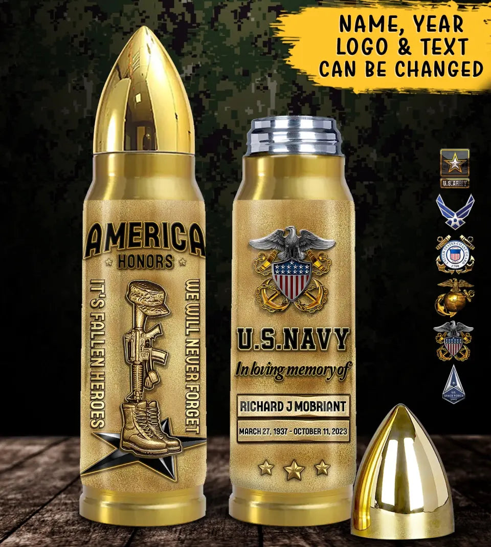 Personalized Memorial Veteran Bullet Tumbler - Gift Idea For Dad/Father's Day/Veteran - We Will Never Forget