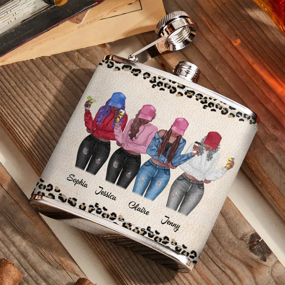Personalized Besties Leather Flask - Up to 4 Girls - Gift Idea For Friends/Sisters/Besties/Drinking Lover - Just Kidding We Do Both