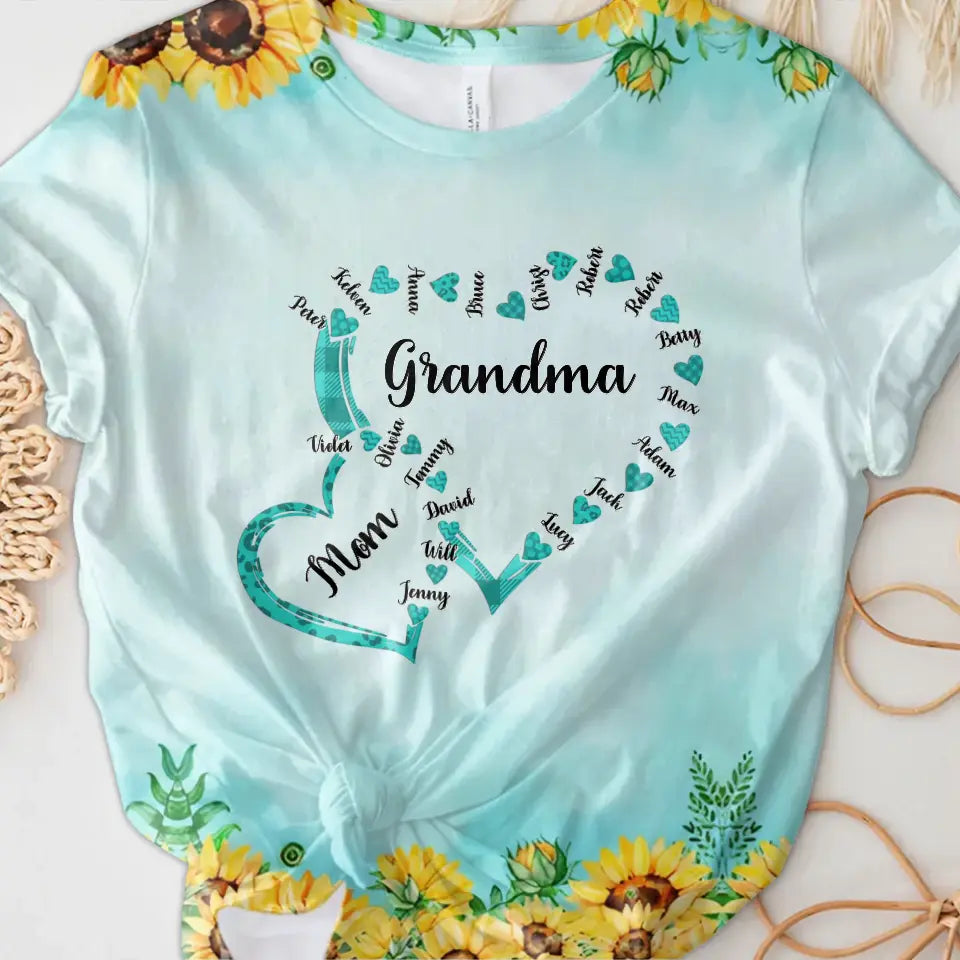 Personalized Mom Grandma Hearts T-shirt - Gift Idea For Mother/Grandma - Up to 6 Kids And 12 Grandkids
