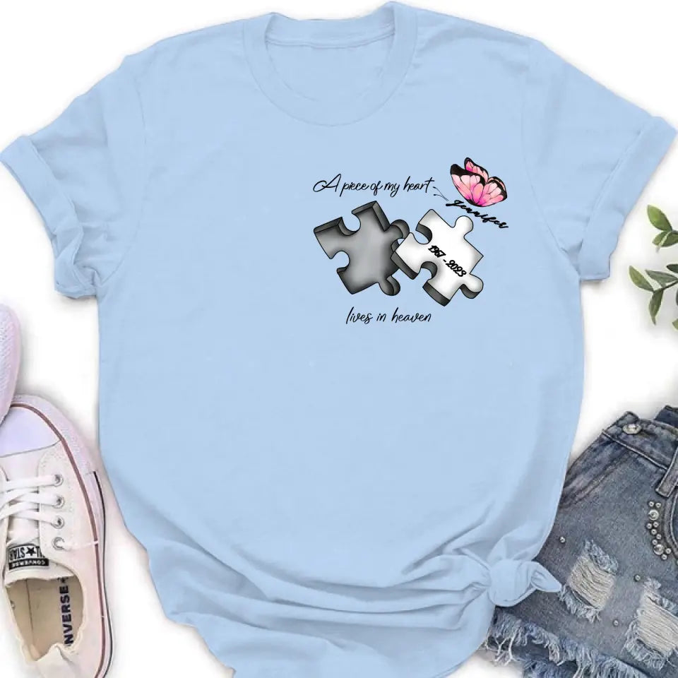 Personalized Memorial Butterfly Shirt/Hoodie - Memorial Gift Idea For Family Member - A Piece Of My Heart Lives In Heaven