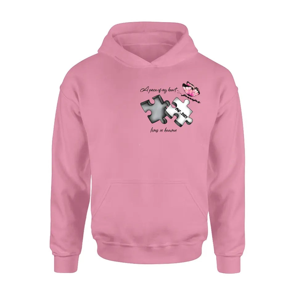 Personalized Memorial Butterfly Shirt/Hoodie - Memorial Gift Idea For Family Member - A Piece Of My Heart Lives In Heaven