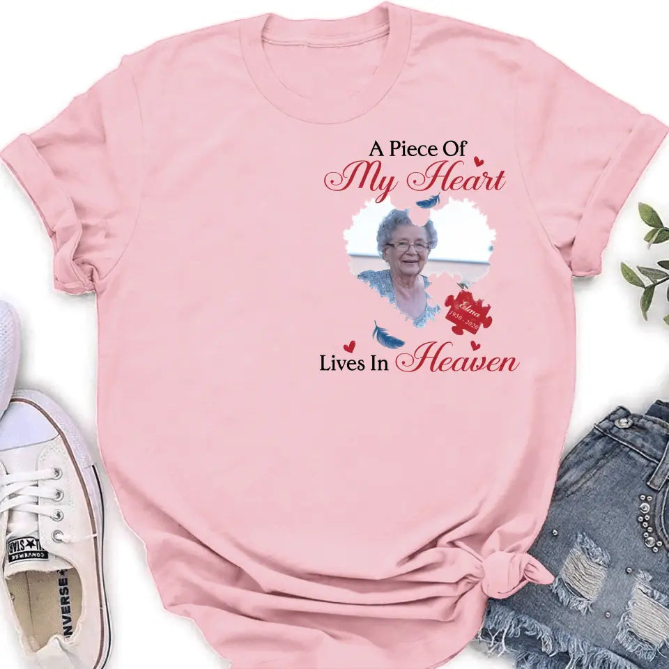 Personalized Memorial Photo Shirt/Hoodie - Memorial Gift Idea for Mother's Day/Father's Day - A Piece Of My Heart Lives In Heaven