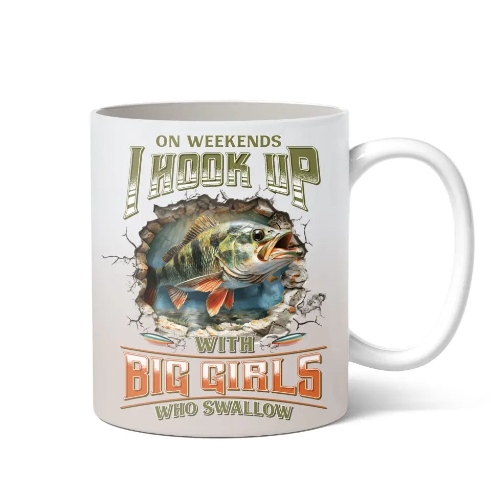 Personalized Fishing Largemouth Bass Break Through Wall Coffee Mug - Gift Idea For Fishing Lover/Father's Day/Birthday - On Weekends I Hook Up With Big Girls Who Swallow