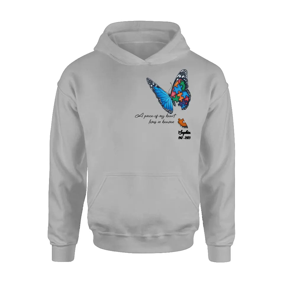 Personalized Memorial Butterfly Shirt/Hoodie - Up to 4 Puzzles - Memorial Gift Idea for Mother's Day/Father's Day - A Piece Of My Heart Lives In Heaven