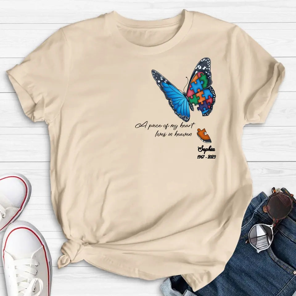 Personalized Memorial Butterfly Shirt/Hoodie - Up to 4 Puzzles - Memorial Gift Idea for Mother's Day/Father's Day - A Piece Of My Heart Lives In Heaven