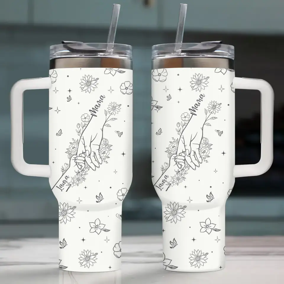 Personalized Mama 40oz Tumbler - Up to 8 Kids - Mother's Day Gift For Grandma/Mom - Mom Holding Hands