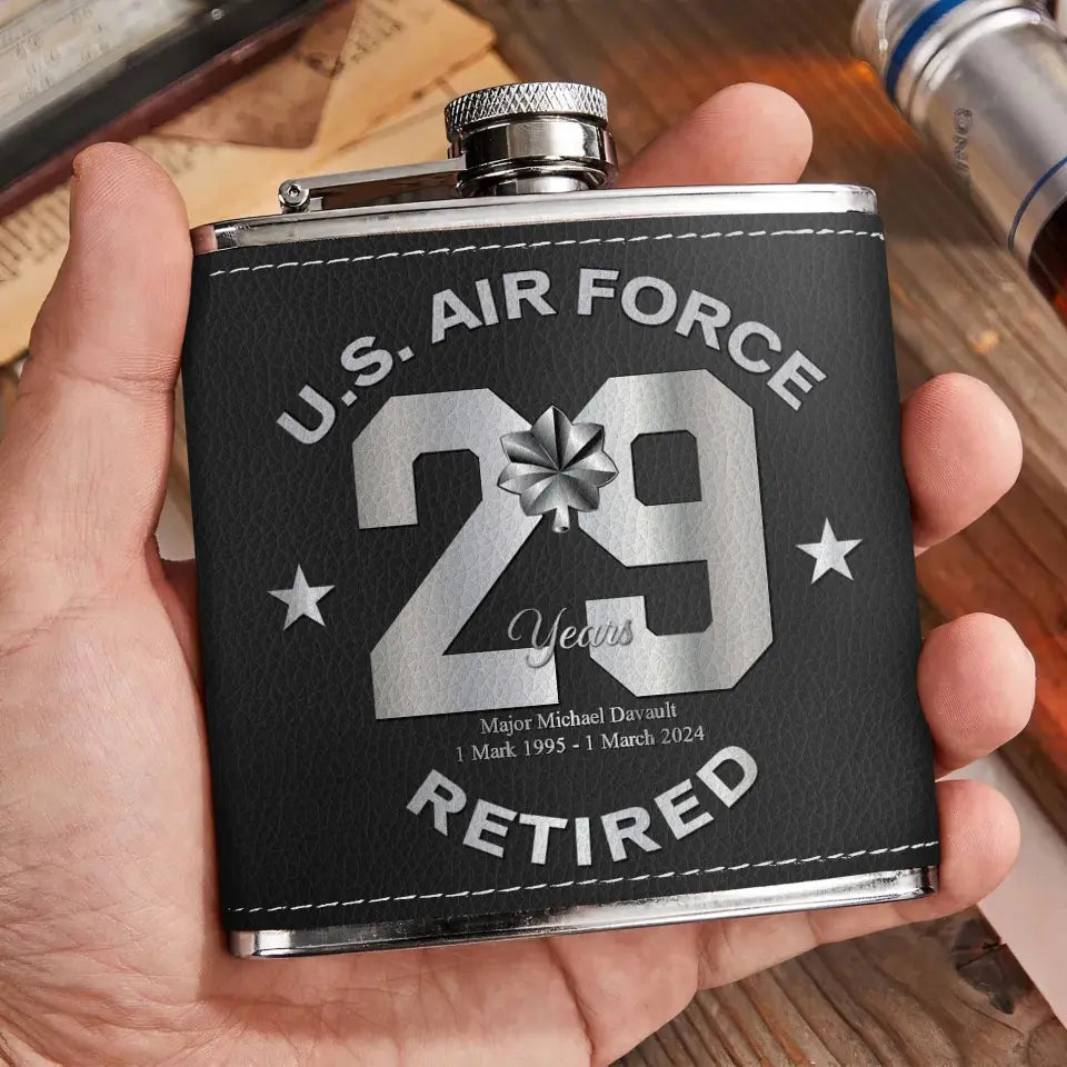 Personalized Retired Veteran Leather Flask - Father's Day Gift Idea for Veteran