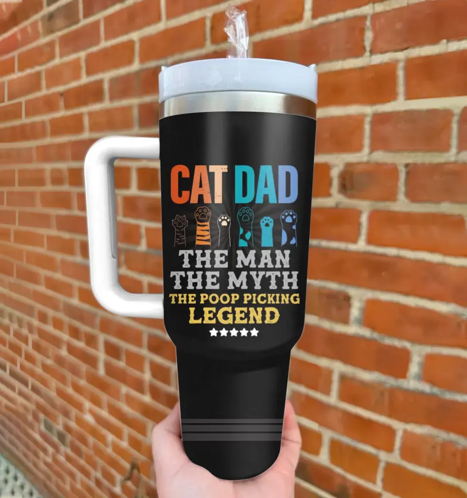 Personalized Cat Dad 40oz Tumbler - Father's Day Gift To Cat Lover - Up to 7 Cats - Cat Dad The Man The Myth The Poop Picking Legend