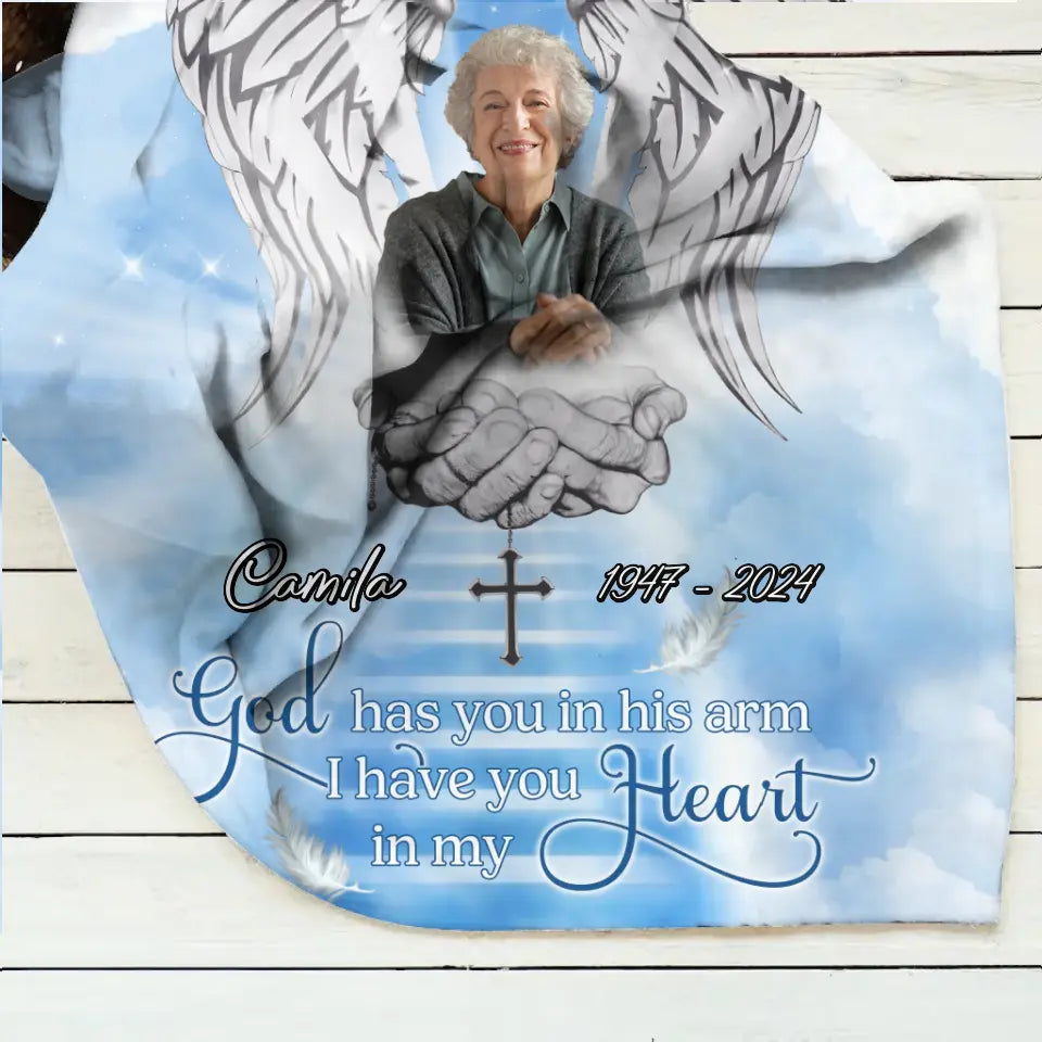 Personalized Memorial Fleece Throw Blanket/Quilt - Upload Photo - Memorial Gift Idea For Family Member - God Has You In His Arms I Have You In My Heart