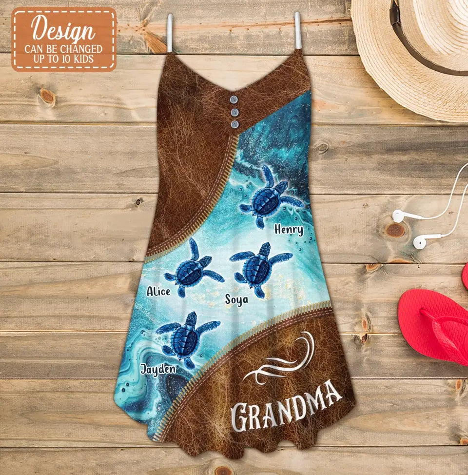 Personalized Sea Turtle Grandma All-Over Print Women's V-neck Cami Dress - Up to 10 Kids - Gift To Grandma/Mother/Mother's Day/Summer