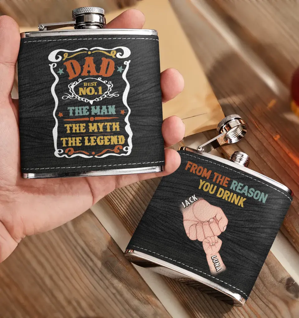 Personalized Dad Leather Flask - Up to 5 Kids - Father's Day Gift Idea for Dad - The Man The Myth The Legend