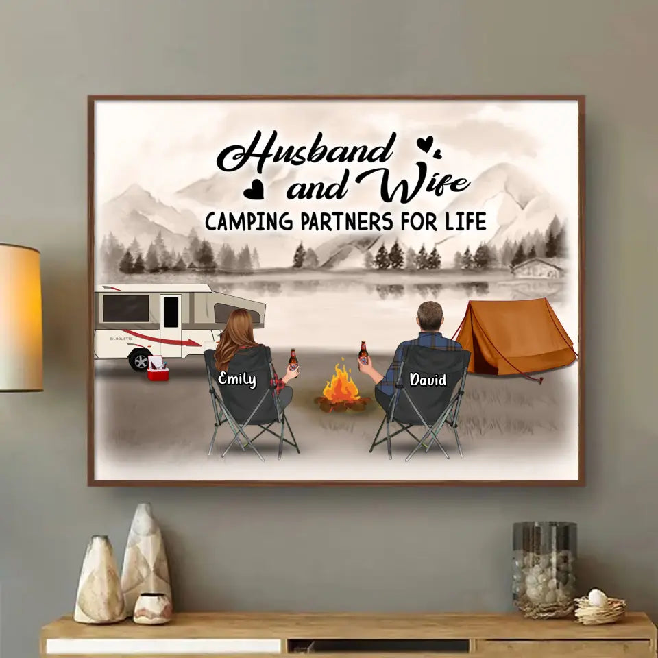 Personalized Retro Vintage Camping Poster - Gift Idea For Family/Camping Lover - Couple/Parents/Single Parent With Up to 3 Kids And 4 Pets - Happy Campers