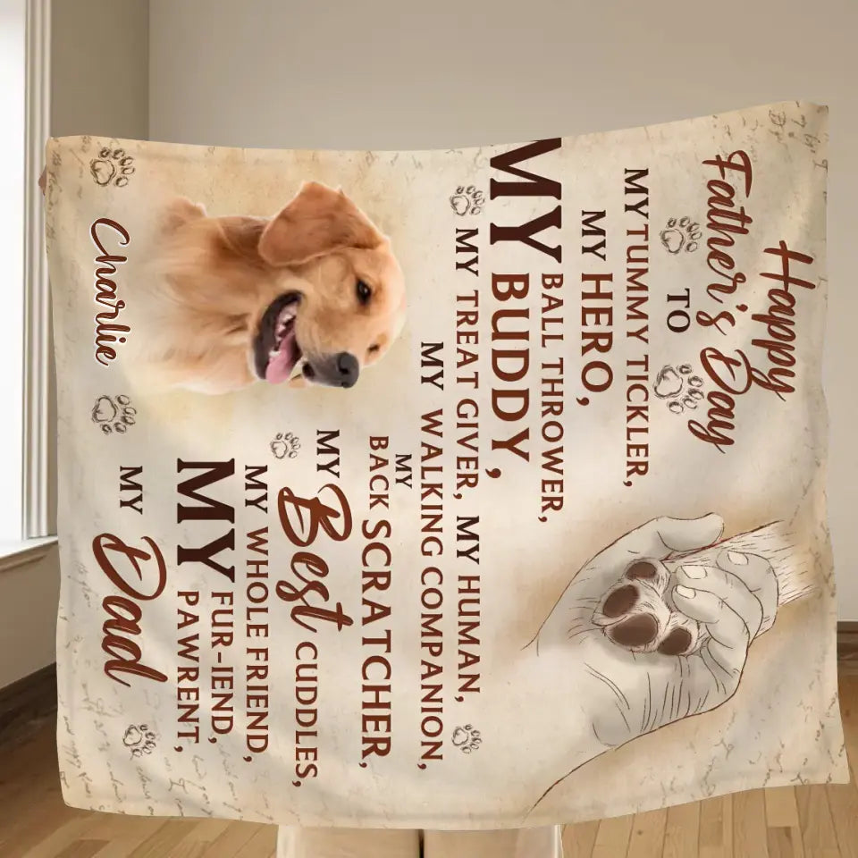 Personalized Father's Day Fleece Throw Blanket - Gift Idea For Dog Owner - Upload Dog Photo - Happy Father's Day To My Hero