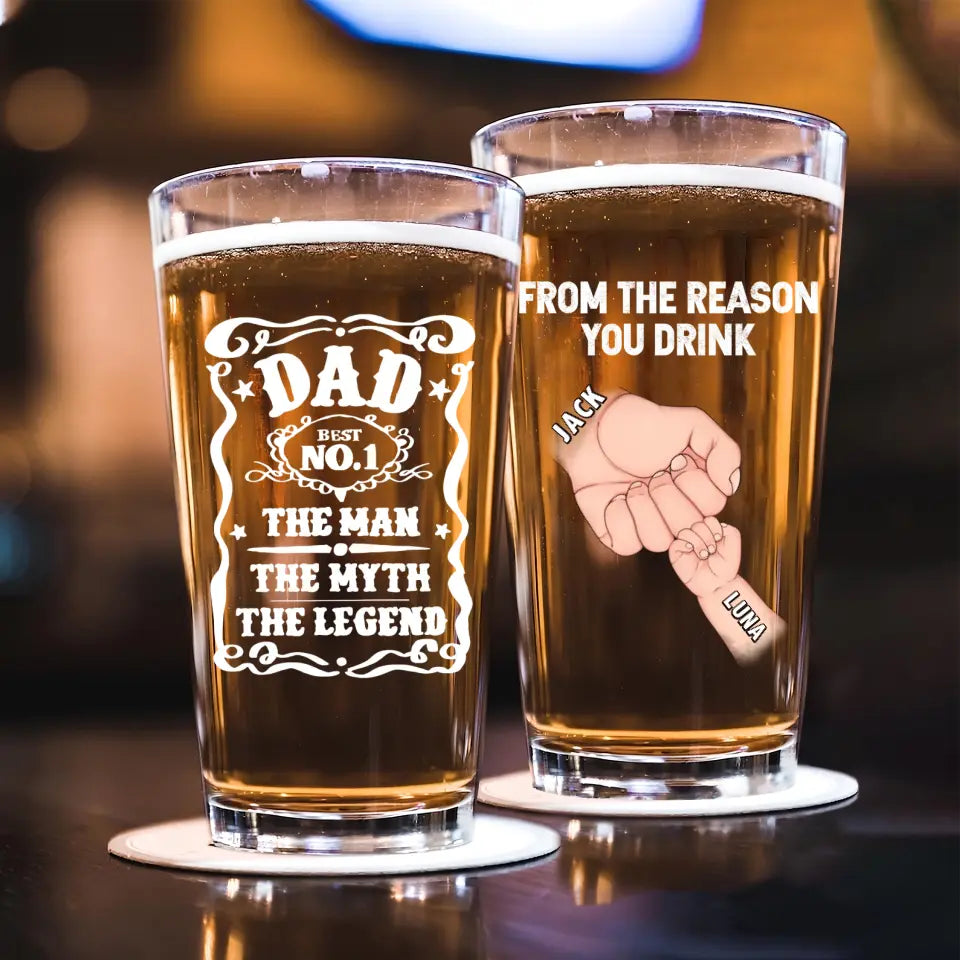 Personalized Dad Pint Glass - Up to 5 Kids - Gift Idea For Father's Day - Dad The Man The Myth The Legend