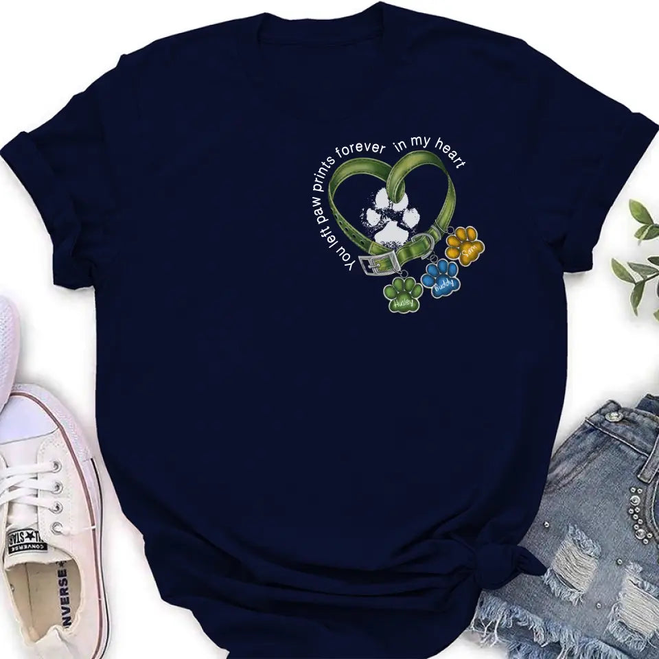 Personalized Memorial Dog Collar T-shirt/Hoodie - Up to 3 Dogs - Memorial Gift Idea For Dog Owner - You Left Paw Prints Forever In My Heart