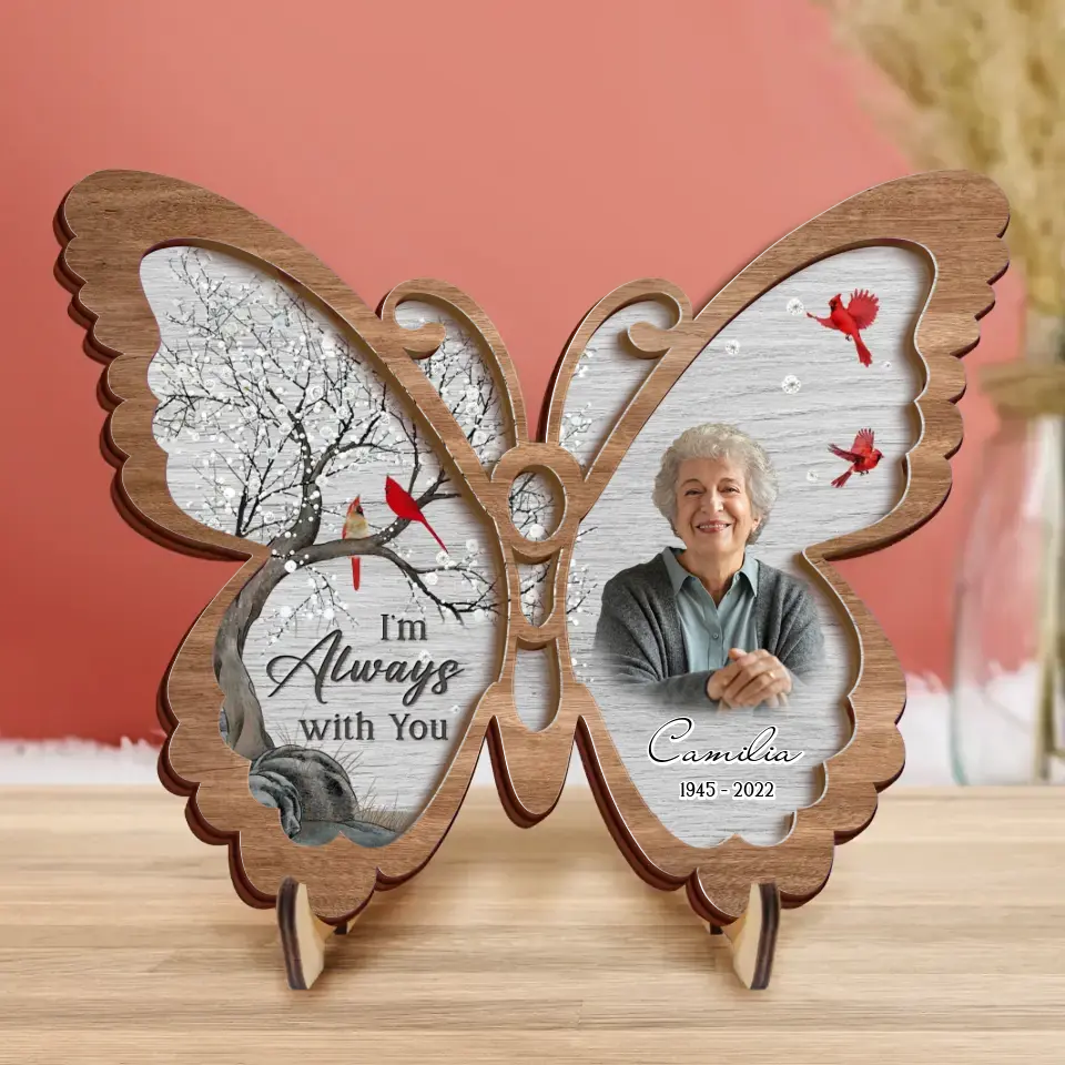 Personalized Memorial Photo Butterfly 2 Layered Wooden Art - Keepsake Gift Idea For Family Member - I'm Always With You