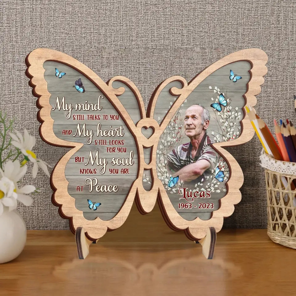 Personalized Memorial Photo Butterfly 2 Layered Wooden Art - Keepsake Gift Idea For Family Member - My Mind Still Talks To You