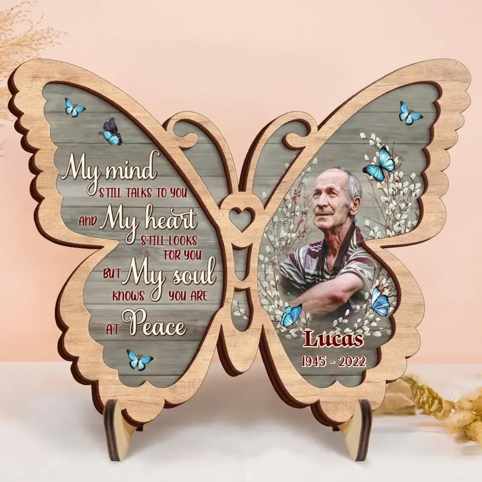 Personalized Memorial Photo Butterfly 2 Layered Wooden Art - Keepsake Gift Idea For Family Member - My Mind Still Talks To You