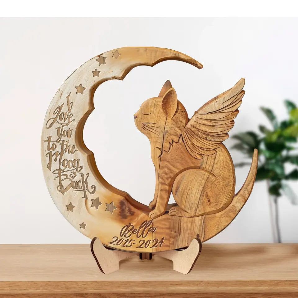 Personalized Cat Moon 2 Layered Wooden Art - Memorial Gift Idea for Cat Lover - I Love You To The Moon And Back