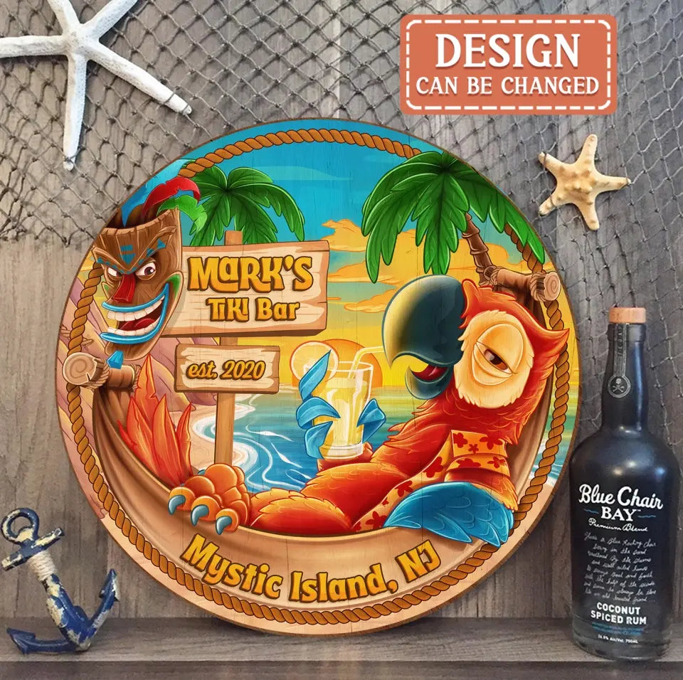 Personalized Tiki Bar Round Wooden Sign - Summer Gift Idea For Family/Friend