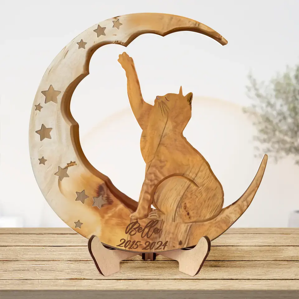 Personalized Memorial Cat Moon 2 Layered Wooden Art - Memorial Gift Idea for Cat Lover