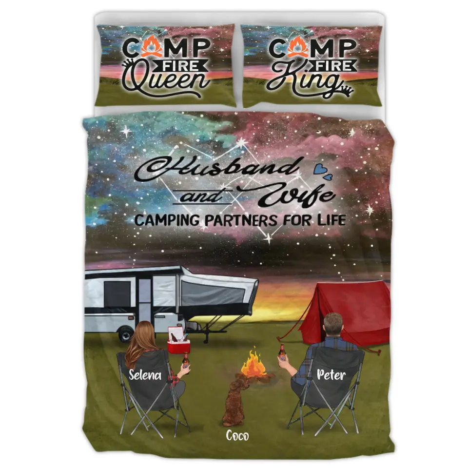 Personalized Camping Quilt Bed Sets - Single Parents/Couple With Up to 4 Kids And 4 Pets - Gift Idea For Camping Lover - Husband And Wife Camping Partners For Life