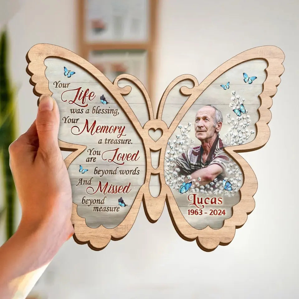 Personalized Memorial Butterfly 2 Layered Wooden Art - Upload Photo - Sympathy Gift For Loss Of Family Member - You Are Loved Beyond Words And Missed Beyond Measure